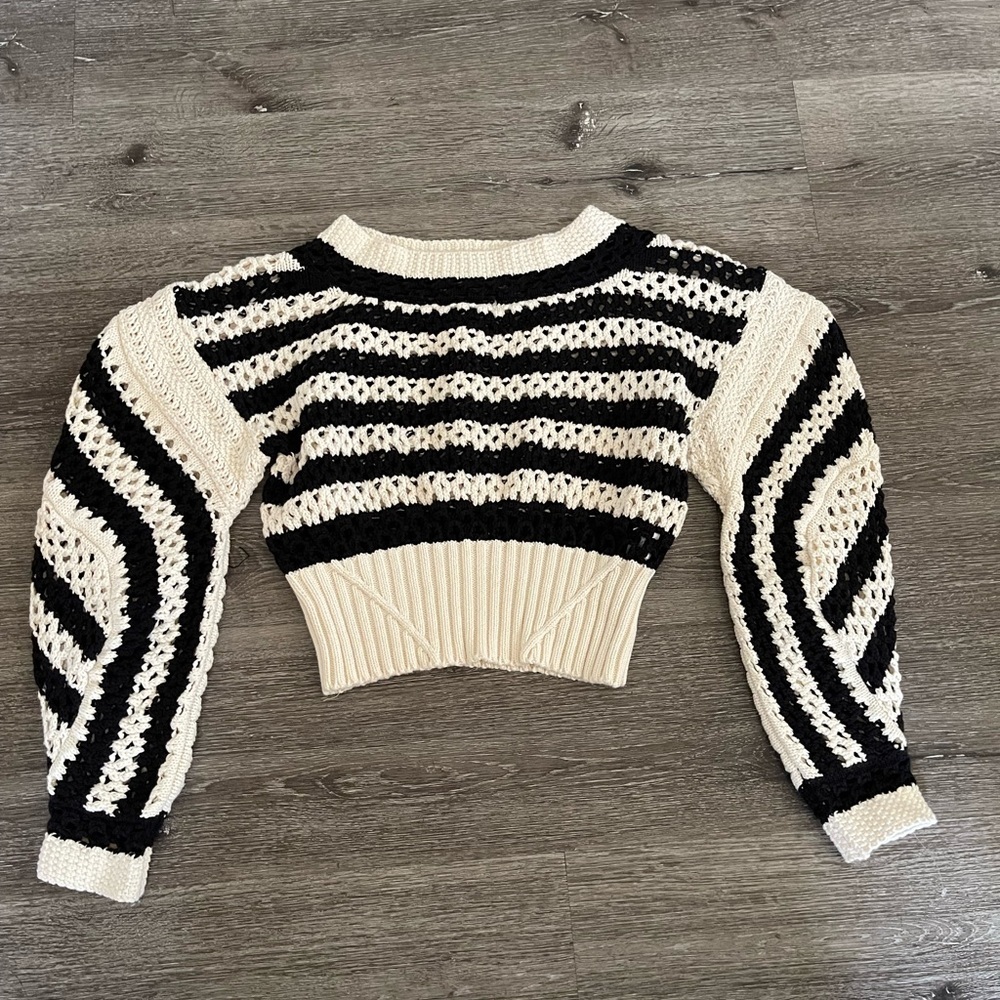 Zara Black and Cream Crew Neck Sweater with Textured Stripes - Picture 2 of 4